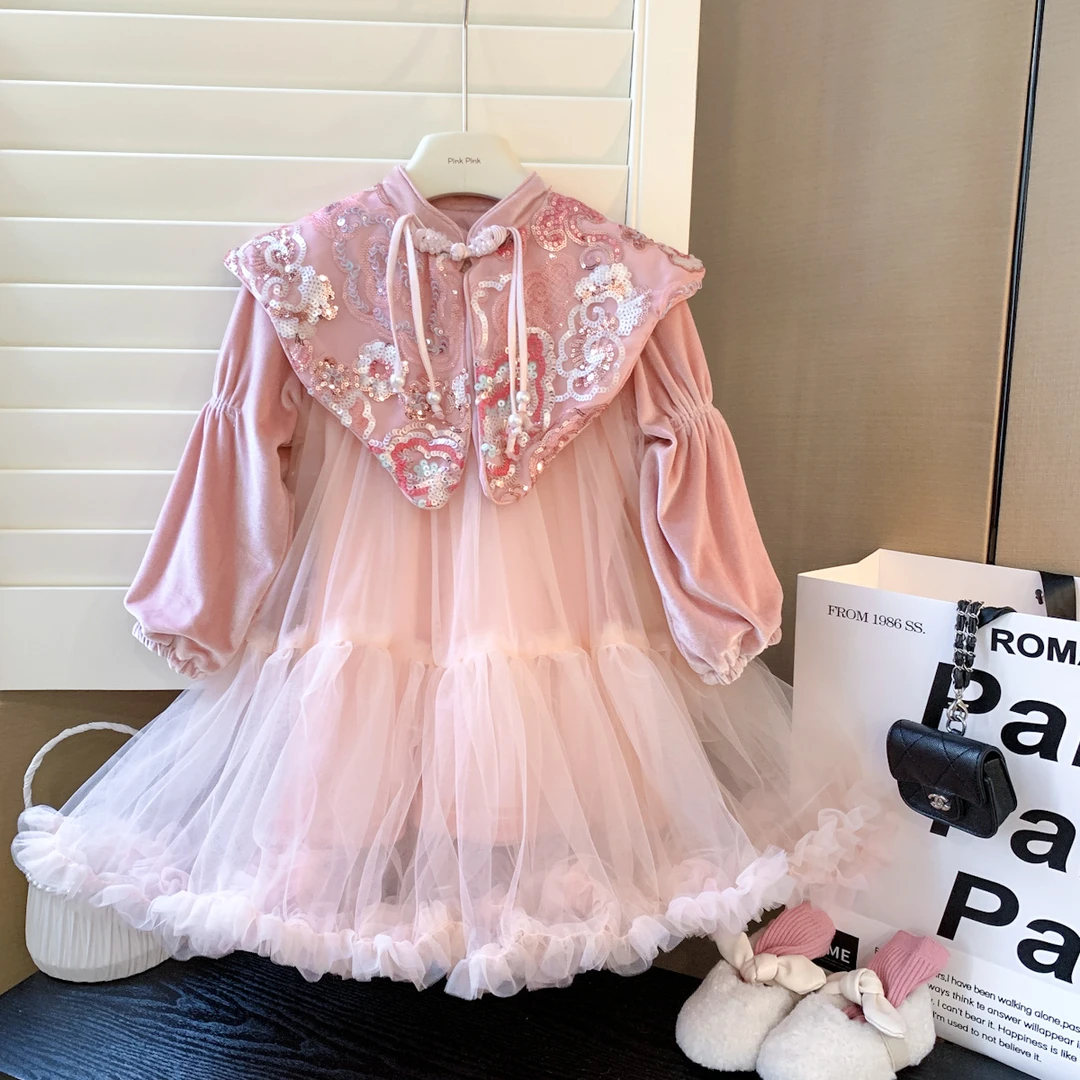 女童中国风连衣裙冬季新款重工儿童年服云肩蛋糕网纱裙公主裙12岁
