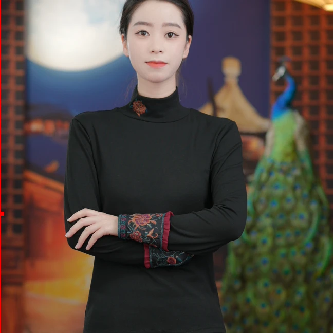 素娘黑色复古半高领中式秋冬圆领长袖打底T恤百搭民族风S21148D