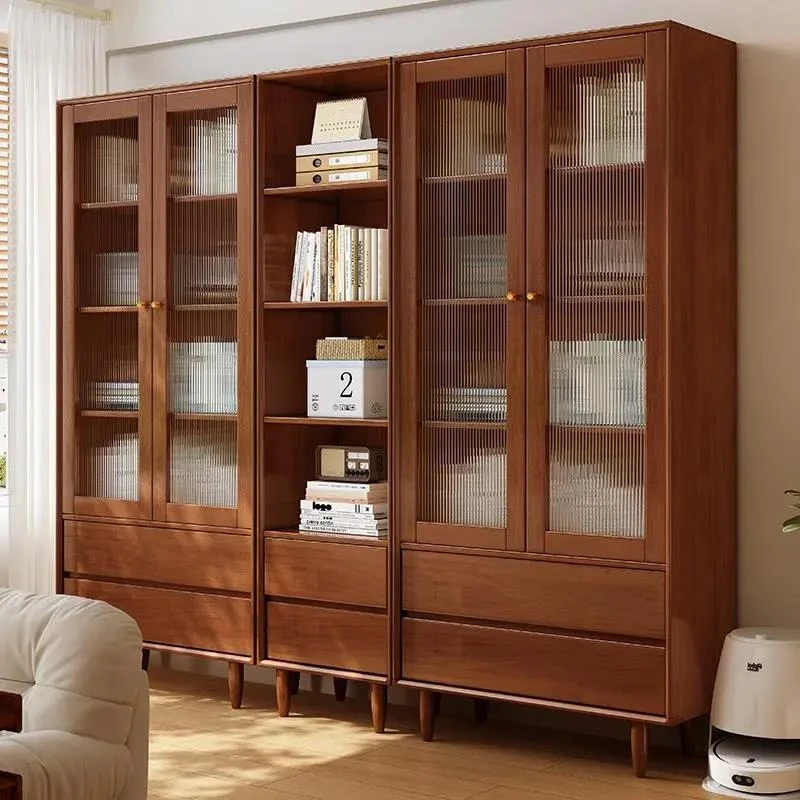 福岚实木书柜家用防尘落地日式带玻璃门儿童书架靠墙窄柜储物柜