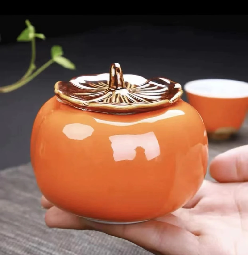 装饰礼品(单个)陶瓷柿子茶叶罐小号糖果密封罐普洱红茶绿茶空包装