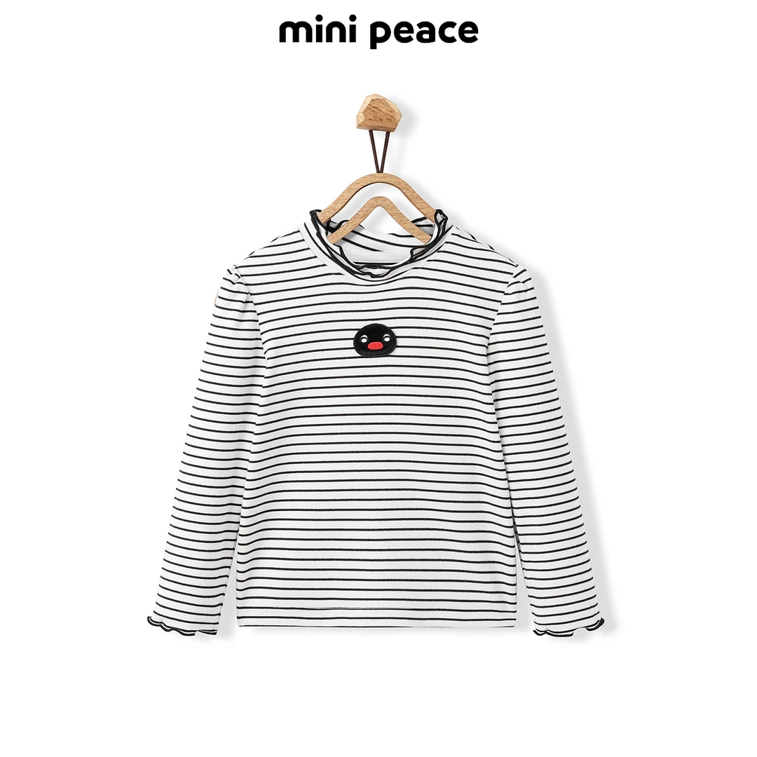 【专柜同款】太平鸟|Pingu联名女童打底衫企鹅冬季条纹花边领T恤