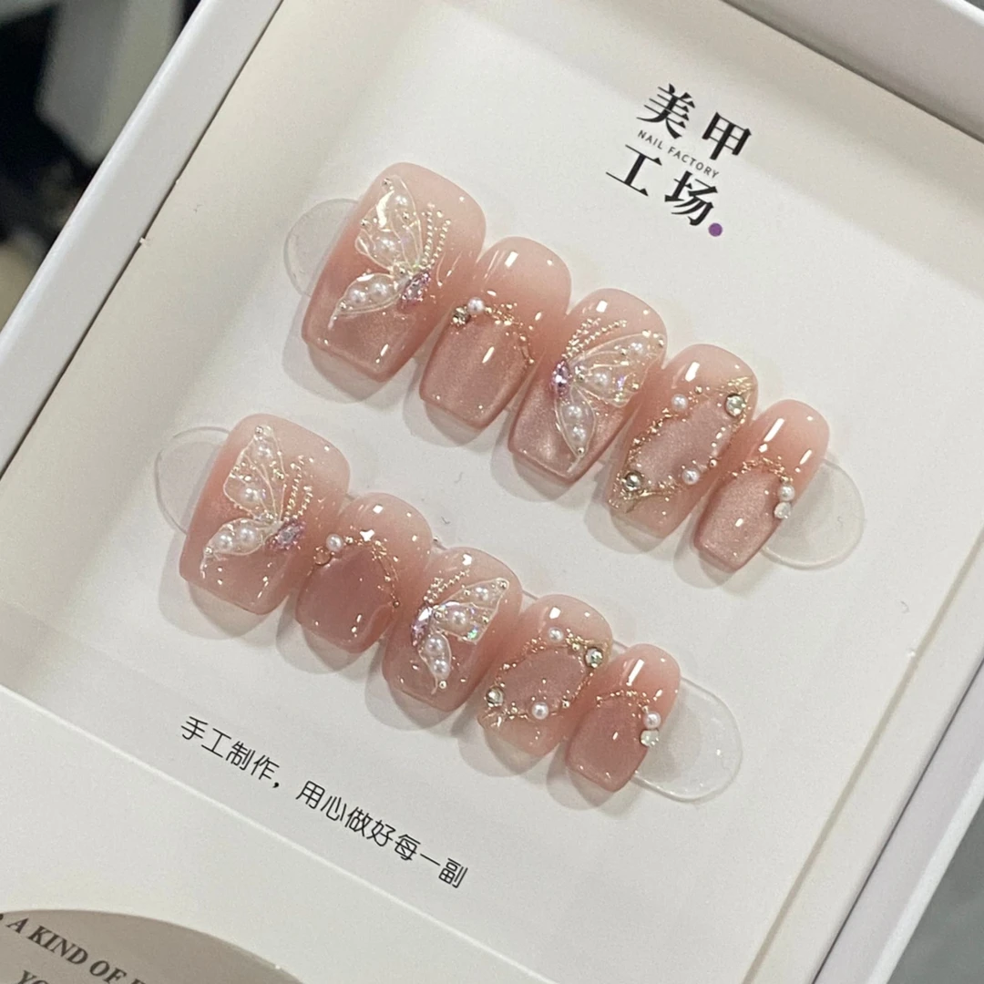 【比翼双飞】-纯手工穿戴甲温柔高级显白纯欲简约风美甲贴可拆卸