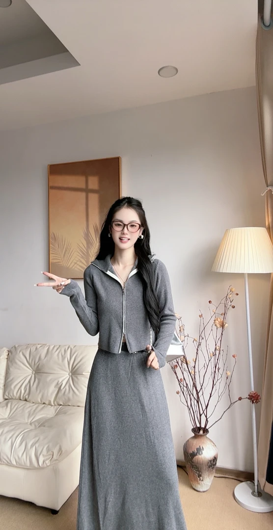 诗锦【晚风赴约】韩系学院减龄简约开衫+高腰显瘦半身裙三件套M105