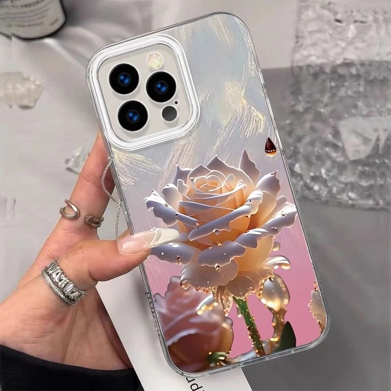 羽纱纹粉底高级玫瑰iPhone15ProMax手机壳14/13高级感12轻奢11Pro