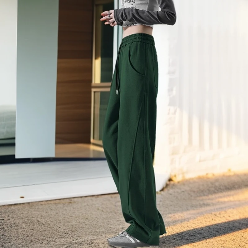 冬季新款加绒卫裤女运动窄版阔腿裤子墨绿色美式镰刀裤显瘦香蕉裤