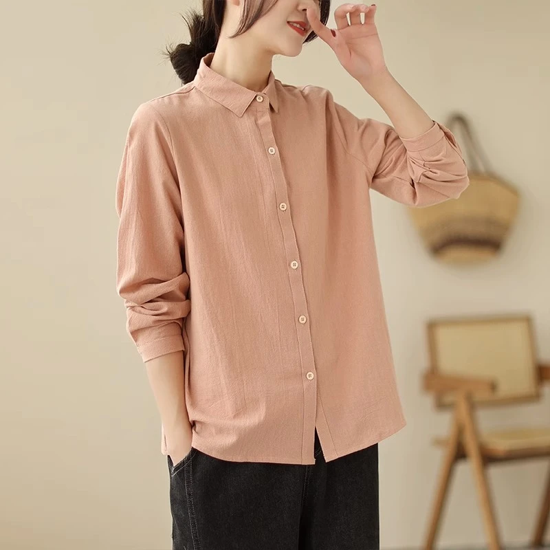 文艺简约气质打底长袖衬衫女士春季新款纯色休闲宽松百搭开衫上衣