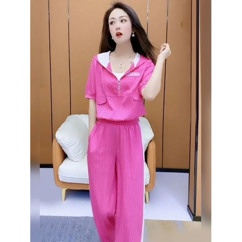 夏装搭配一整套女款休闲运动服套装撞色连帽短袖卫衣阔腿裤两件套