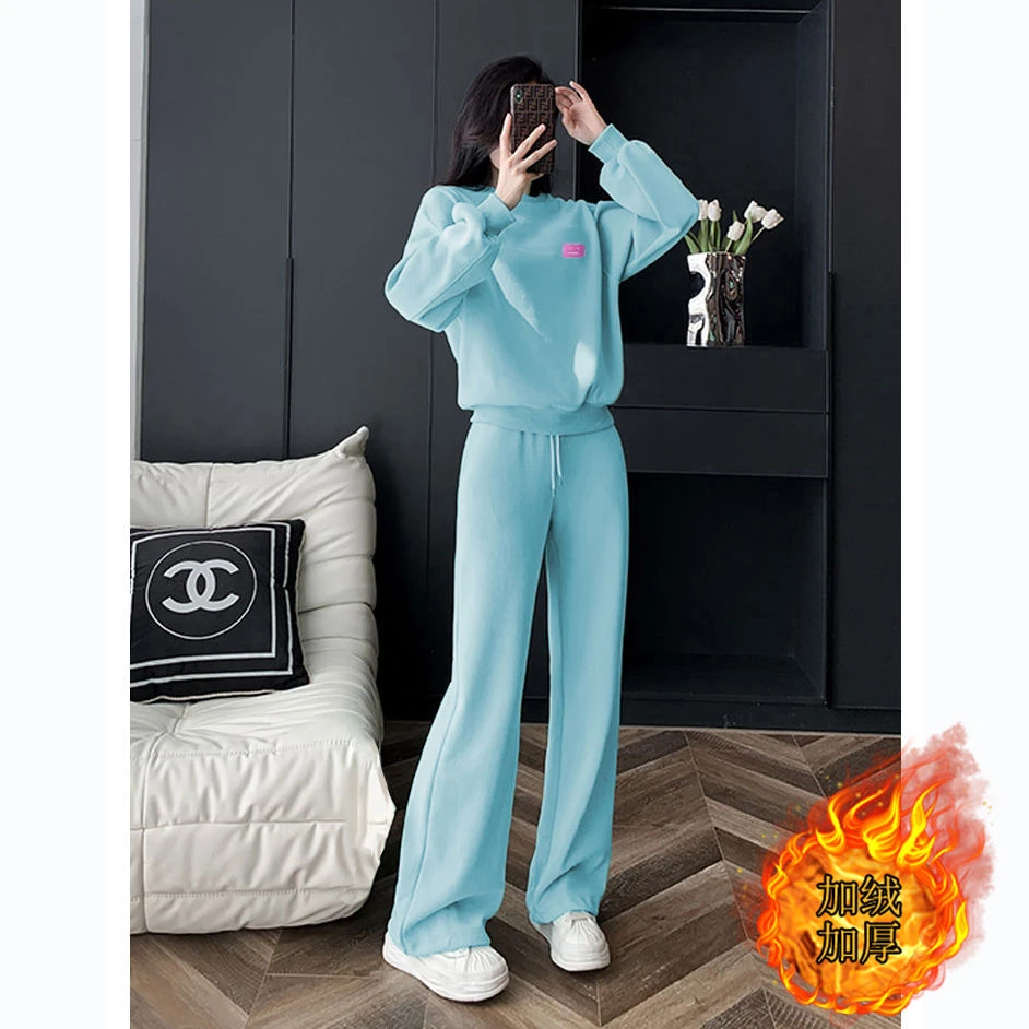 欧货时尚洋气休闲运动套装女2024秋冬新款加绒加厚设计感卫衣卫裤