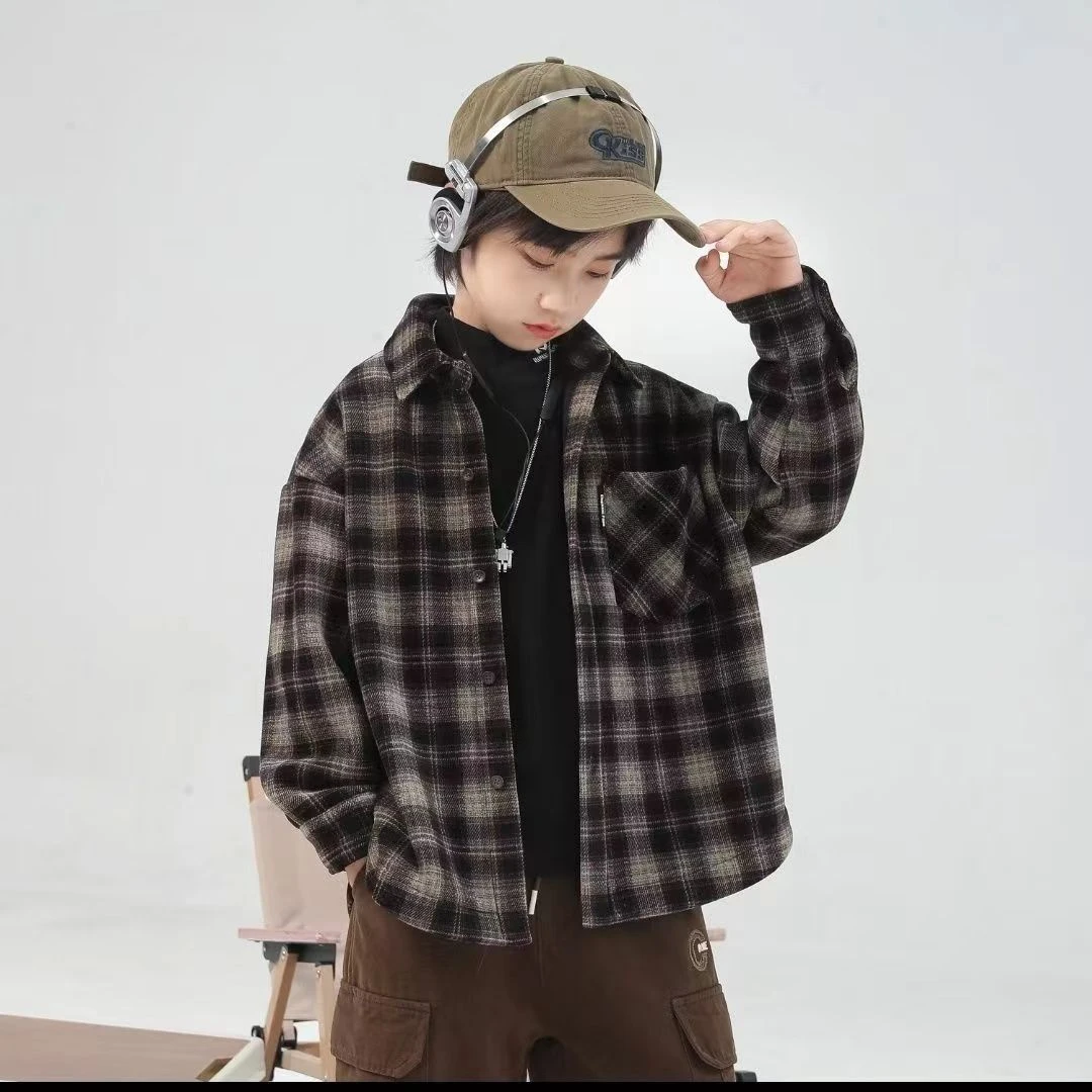 男童衬衫加绒外套春秋款中大儿童格子衬衣2025新款时尚帅气上衣潮
