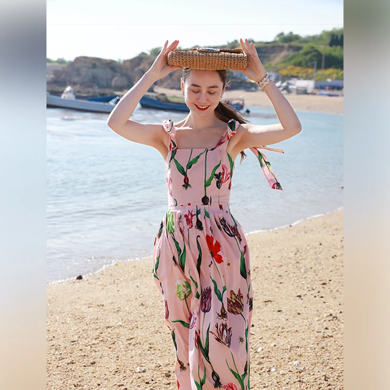 轻盈空气感弹力棉法式郁金香度假风长裙气质系带连衣裙24S51145L