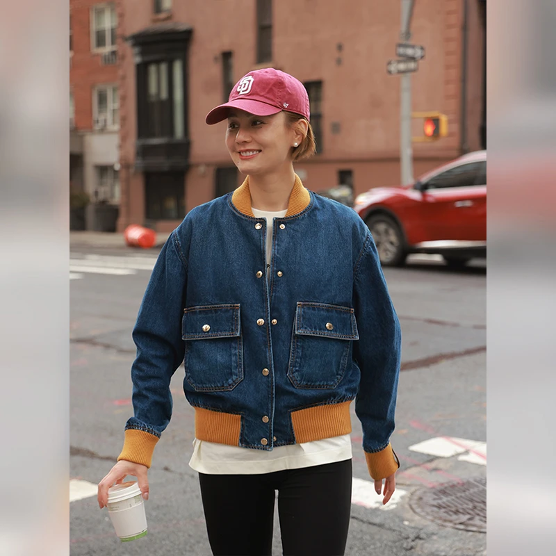 WinnieTang致敬L*V·显瘦撞色立领复古学院风大口袋牛仔夹克外套