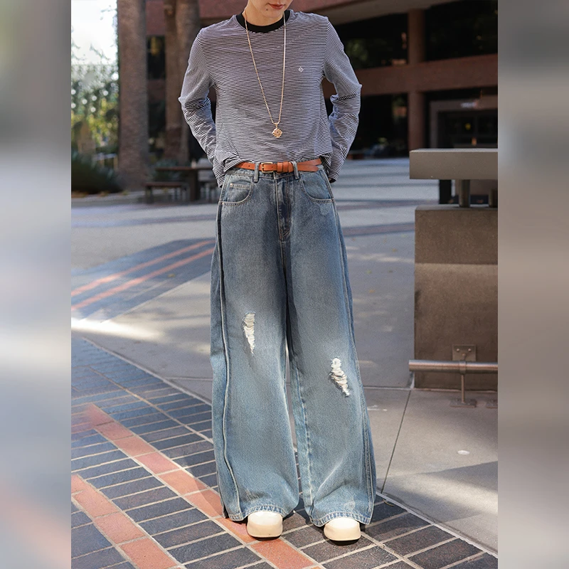 设计感插片式磨破莱赛尔棉混纺牛仔裤休闲长裤显瘦百搭