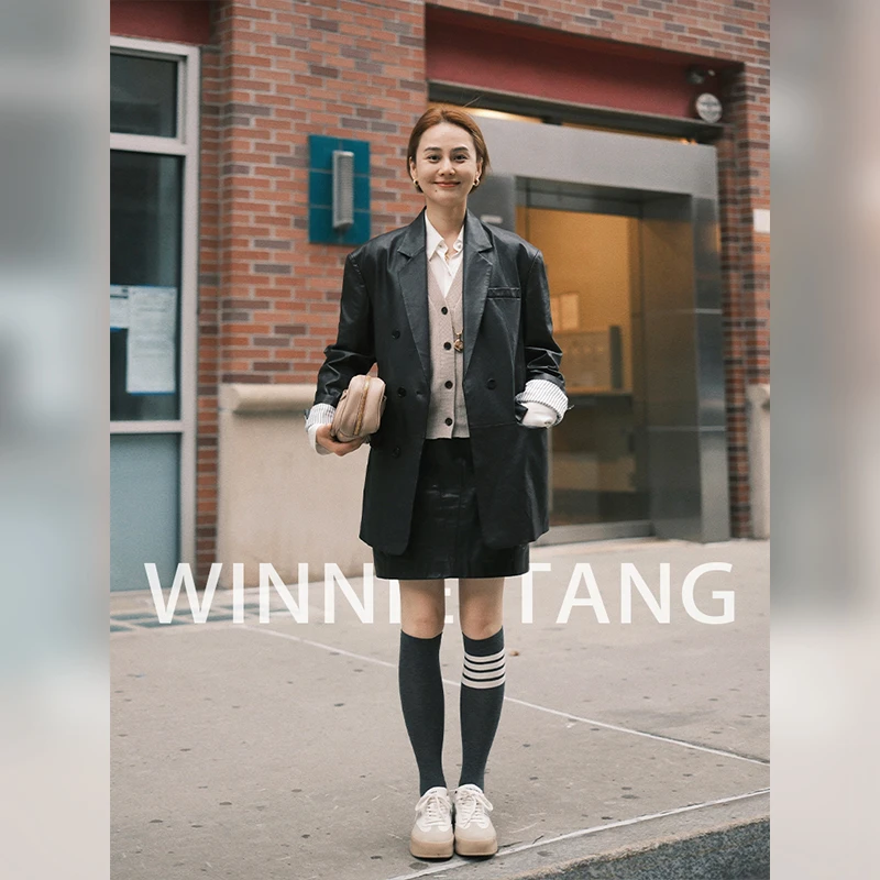 WinnieTang绵羊皮显瘦百搭双排扣翻折袖气质西装皮夹克通勤外套