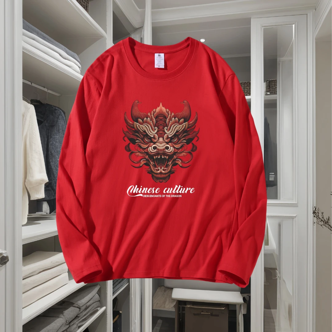 纯棉2024秋季新款国潮图案印花红色圆领长袖百搭休闲潮流打底上衣