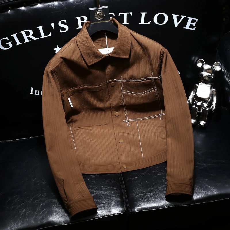 欧货2023新款春秋休闲纯色上衣服男士翻领外套潮流短款夹克时尚