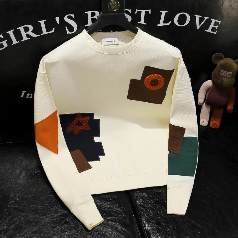 欧货卫衣男秋季新款ins潮流轻奢补丁圆领休闲上衣网红无帽外套