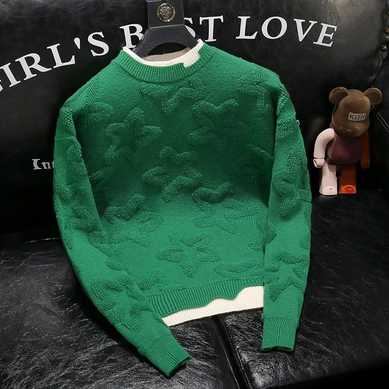 欧货时尚假两件毛衣男冬季新款慵懒风提花圆领针织衫ins潮打底衫