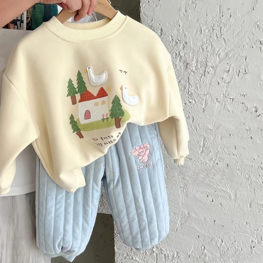 【小姨首发】套装冬季秋冬款加绒加厚可爱印花韩版百搭卫衣棉裤套装