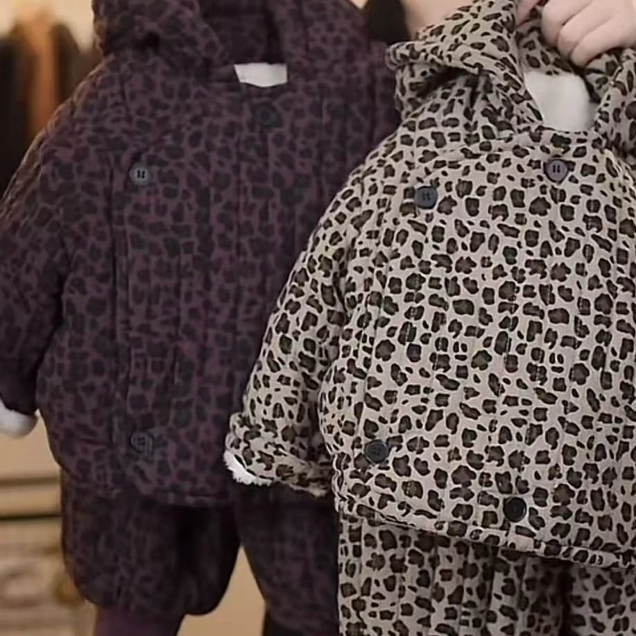 儿童家居服冬季新款洋气时髦男女宝宝豹纹加绒加厚连帽棉服裤子