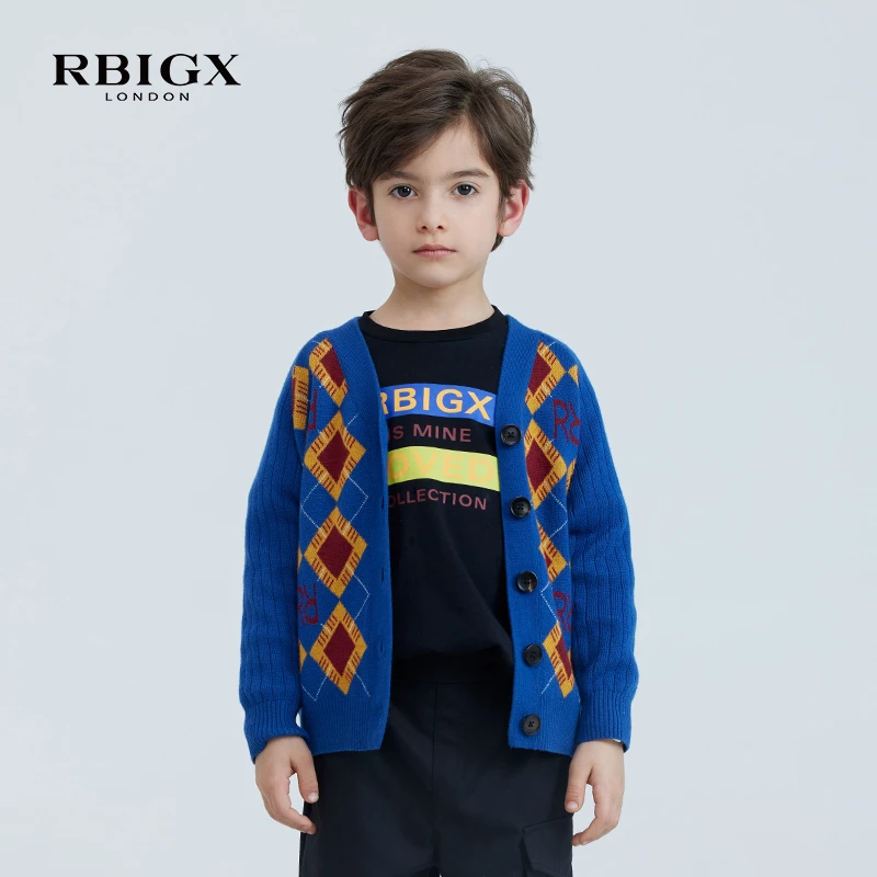 RBIGX瑞比克童装秋季新款男童帅气菱形格logo提花针织开衫