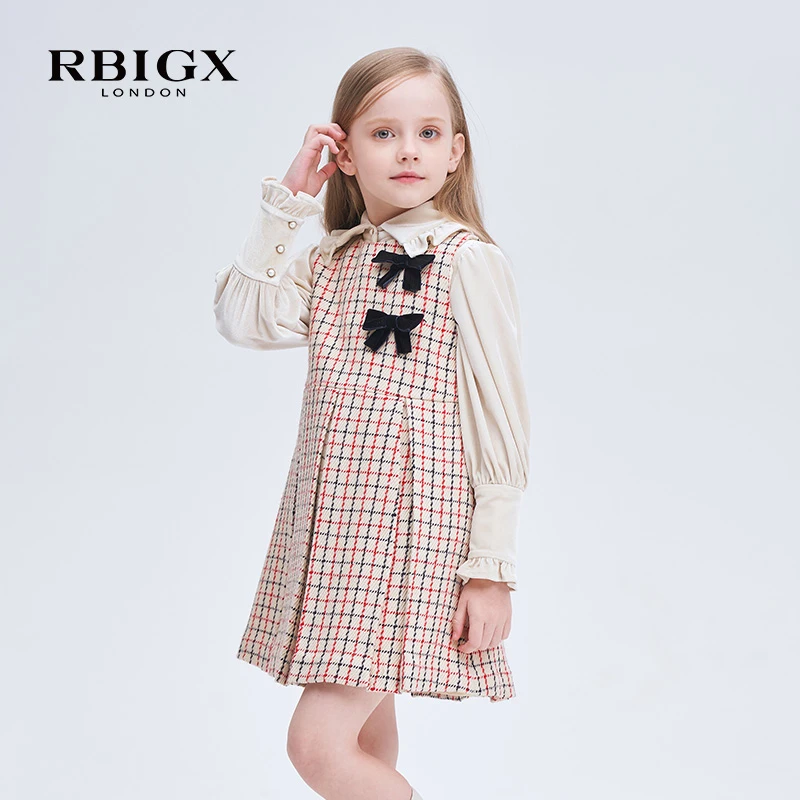 RBIGX瑞比克童装冬季新款女童淑女潮流格纹撞色蝴蝶结背心裙