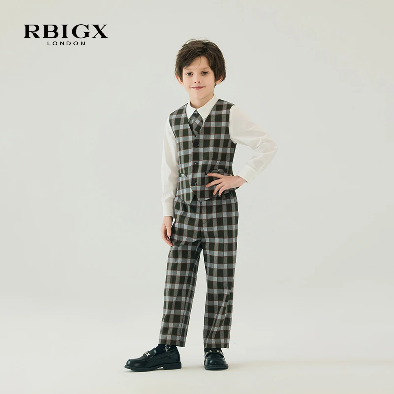 RBIGX瑞比克童装秋季新款英伦复古休闲男童设计感格子西裤