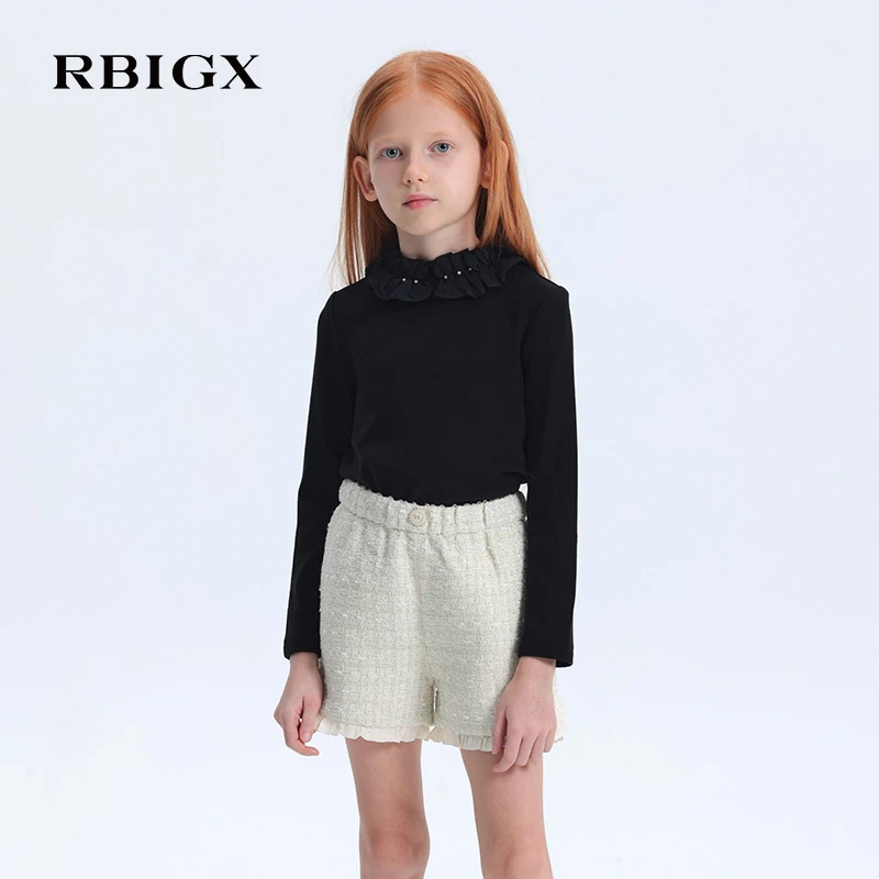 RBIGX瑞比克童装冬季新款潮流女童设计感荷叶边领子T恤