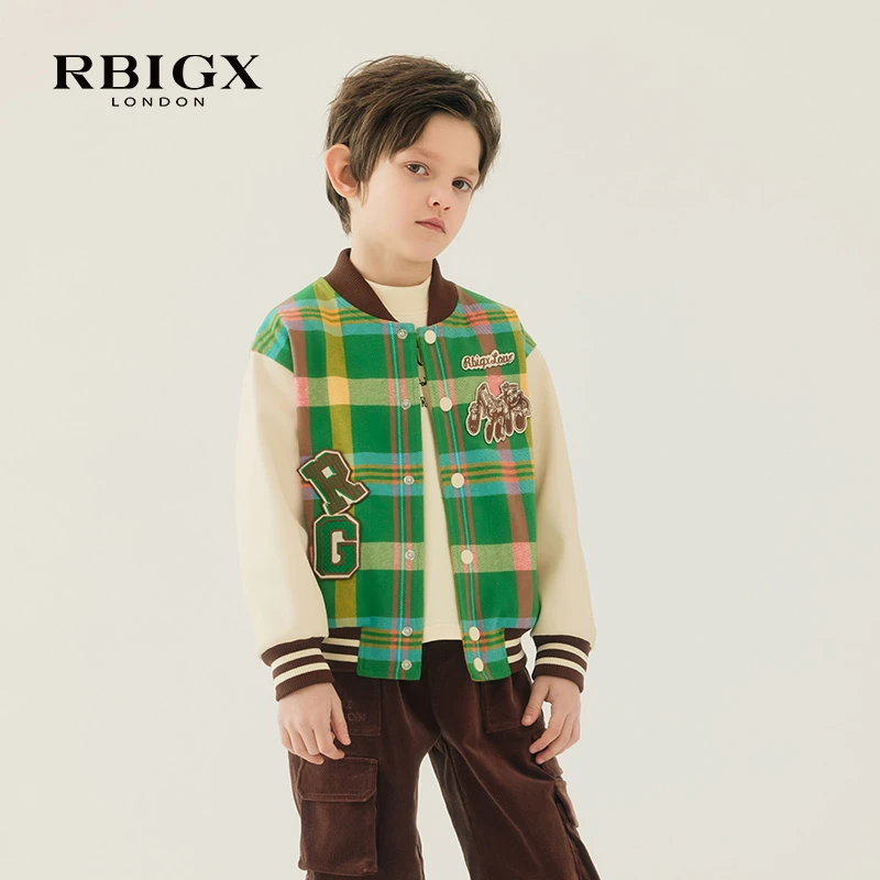 RBIGX瑞比克童装秋季新款男童帅气绿格棒球服潮流运动外套