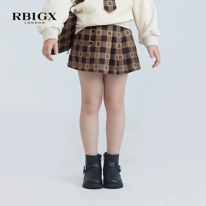 RBIGX瑞比克童装秋季新款女童设计感短裙装饰扣logo提花格百褶裙