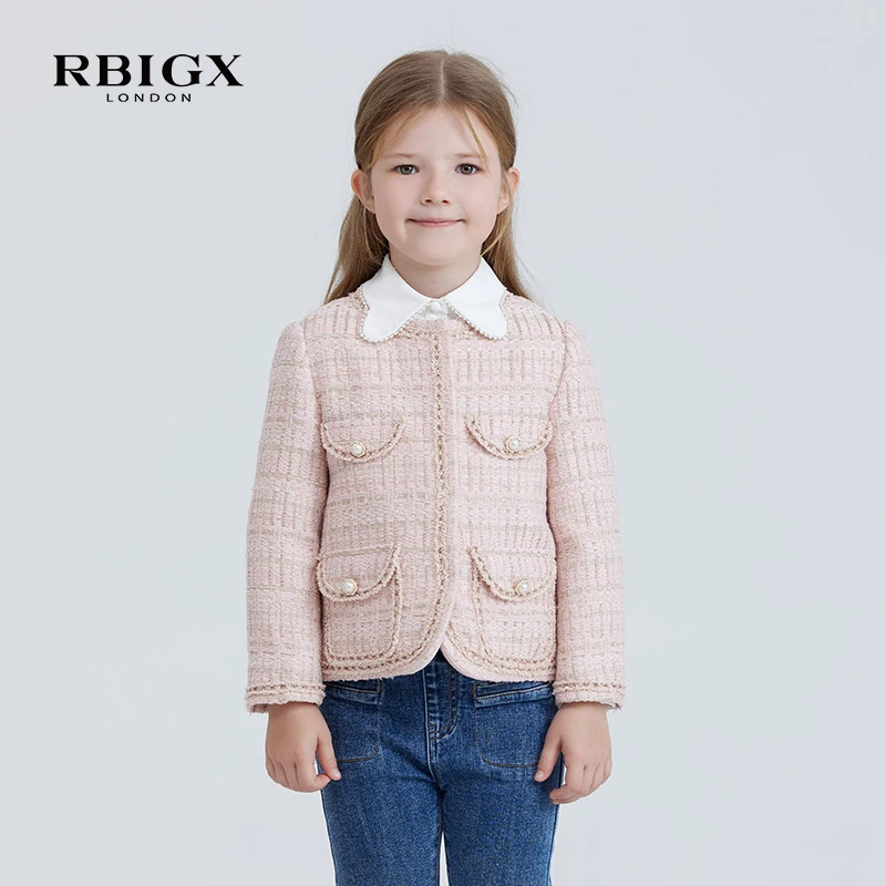 RBIGX瑞比克秋季百搭潮流甜美休闲淑女童毛呢粉色小香风外套