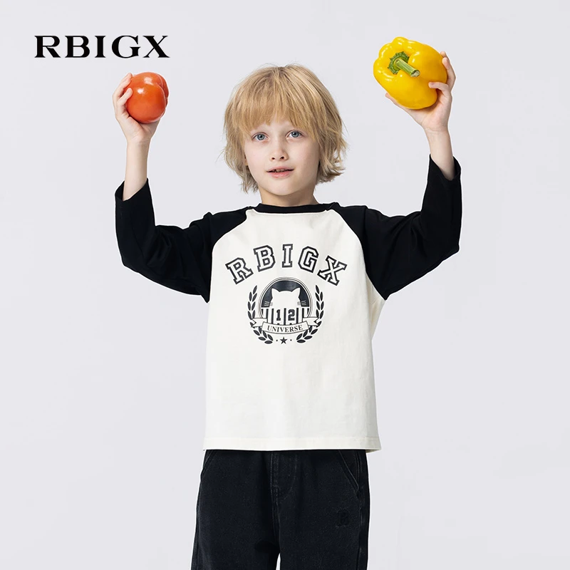 RBIGX瑞比克童装2025秋季新款撞色擦肩袖撞色长袖T恤