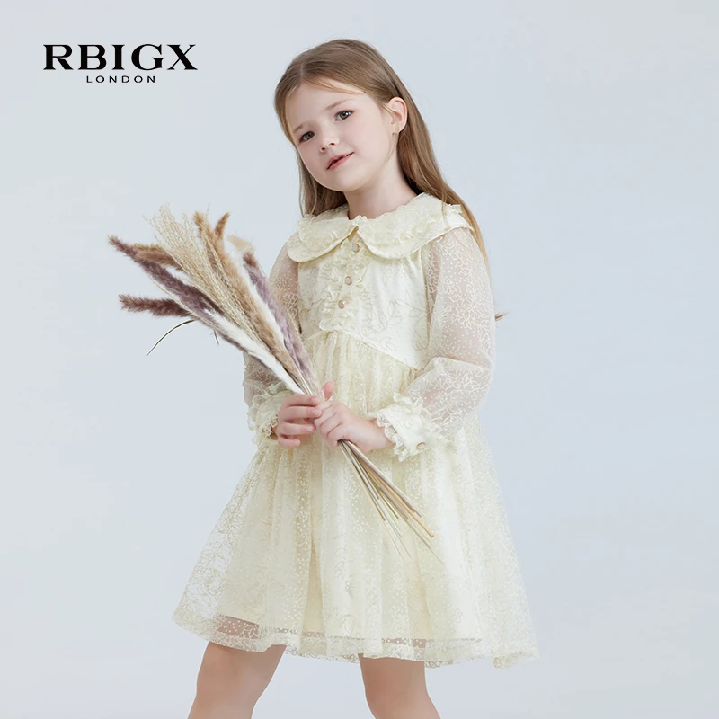 RBIGX瑞比克童装秋季新款女童设计感大翻领绣花网纱连衣裙