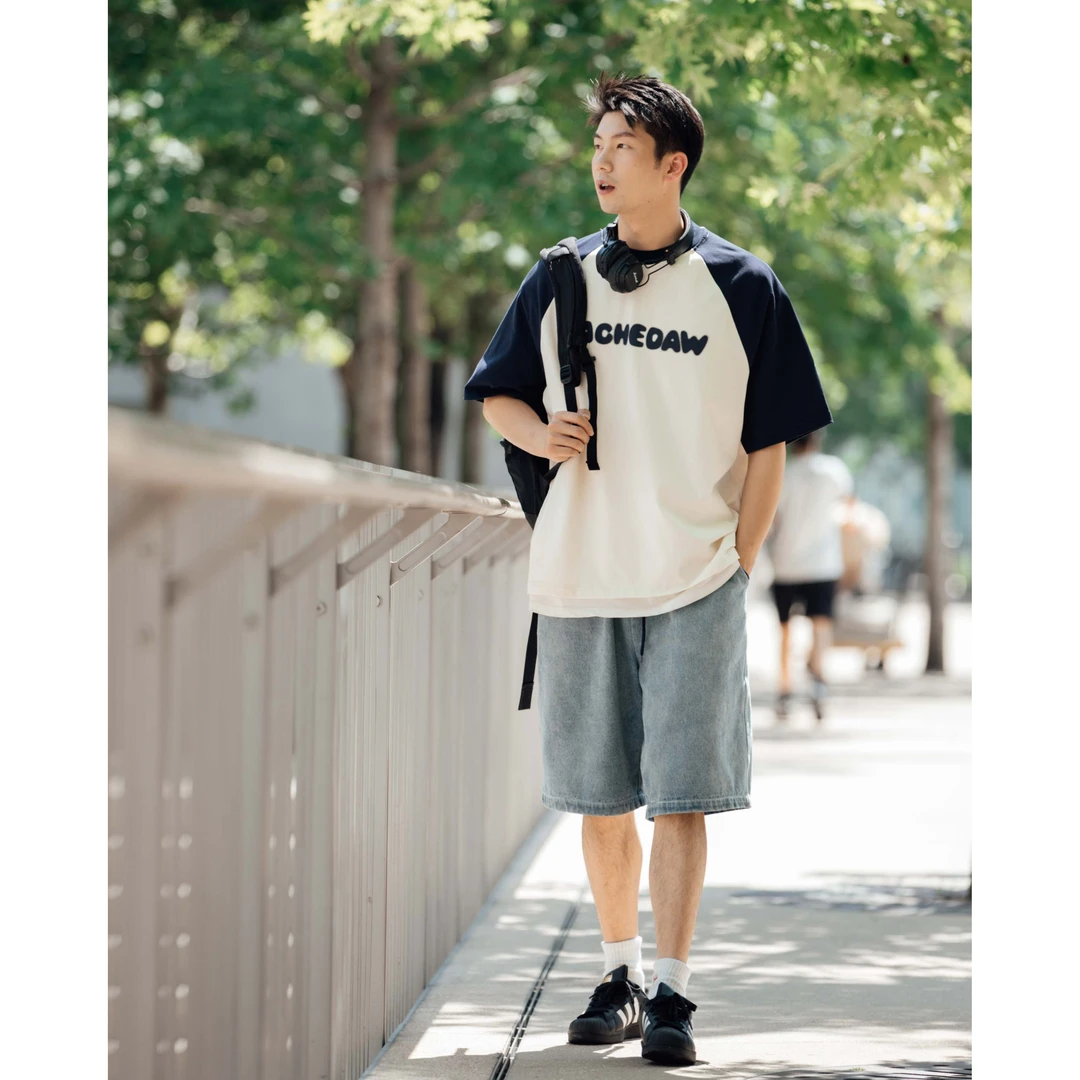 大成23夏季新款短袖插肩休闲复古宽松圆领撞色美式印花情侣DC031