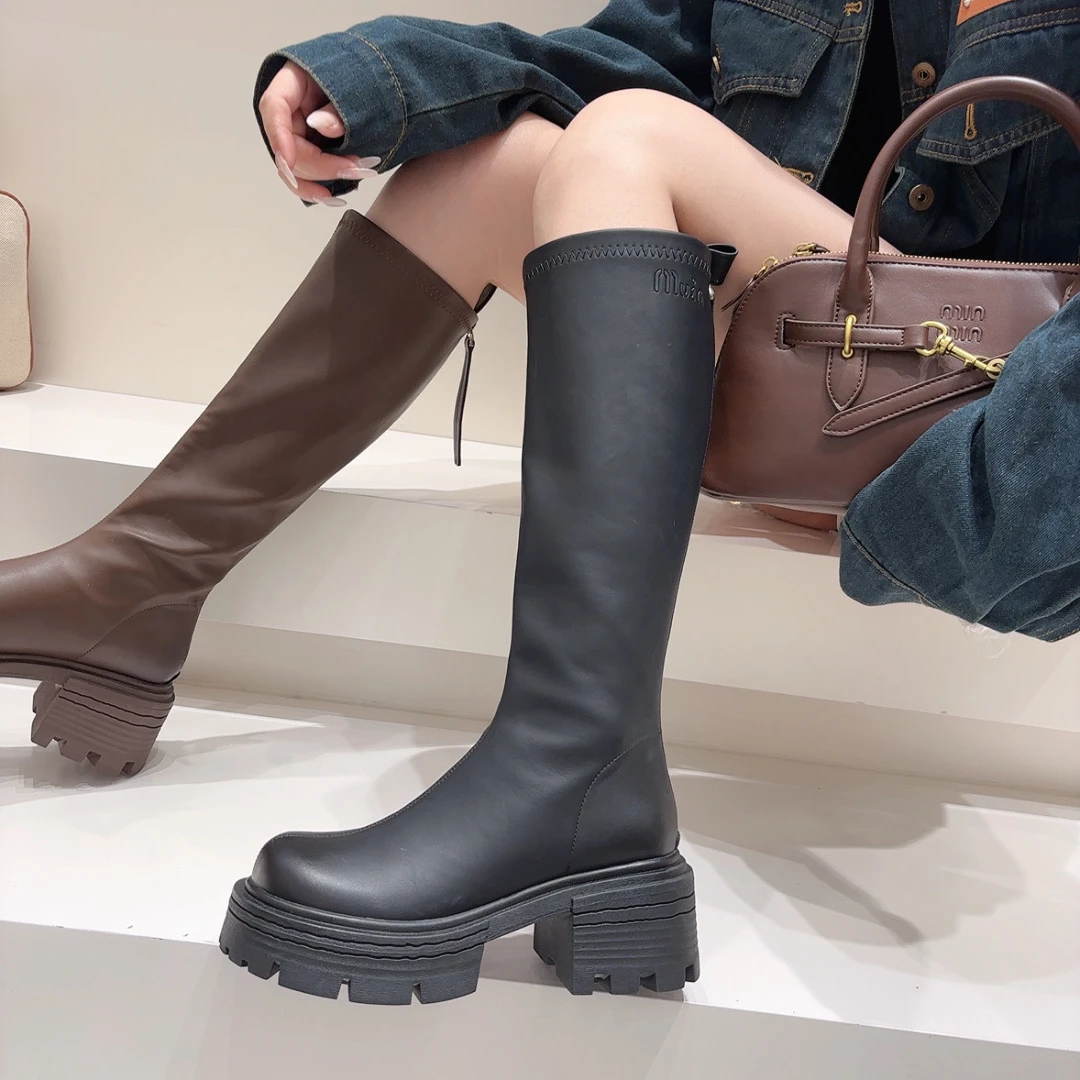 真皮长筒高靴百搭时尚厚底弹力瘦瘦靴秋冬新款
