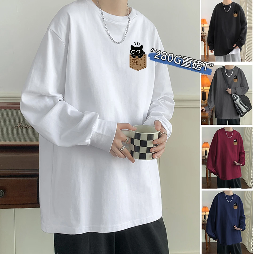 重磅长袖T恤秋季趣味卡通美式复古潮牌印花宽松情侣T恤纯棉打底衫