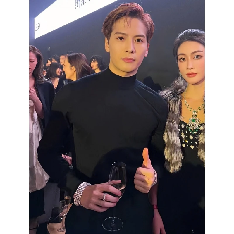 王嘉尔同款半高领毛衣男款秋冬季保暖黑色中领修身内搭打底衫潮