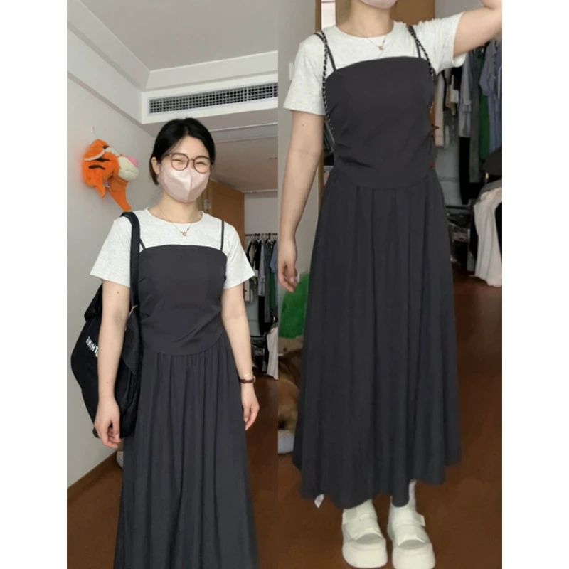 大码胖mm梨型身材穿搭一整套连衣裙假两件短袖上衣半身裙两件套装