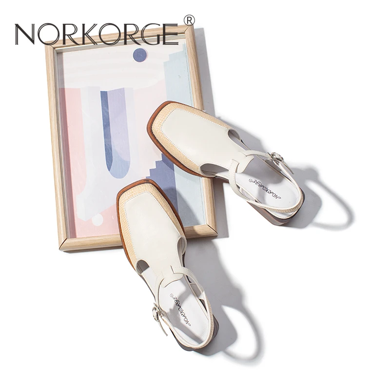 907夏复古文艺米白色包头凉鞋女鞋真皮方头粗跟中跟单鞋显瘦