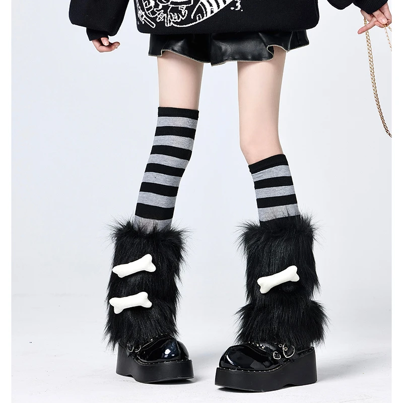 黑色腿套y2k千禧辣妹骨头毛毛袜套堆堆袜子女叠穿黑灰条纹过膝袜