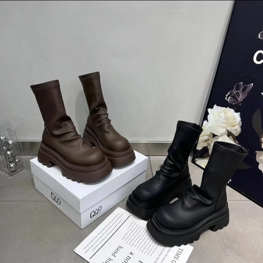 法式褶皱短靴子女厚底小个子显高小众设计款塌塌复古