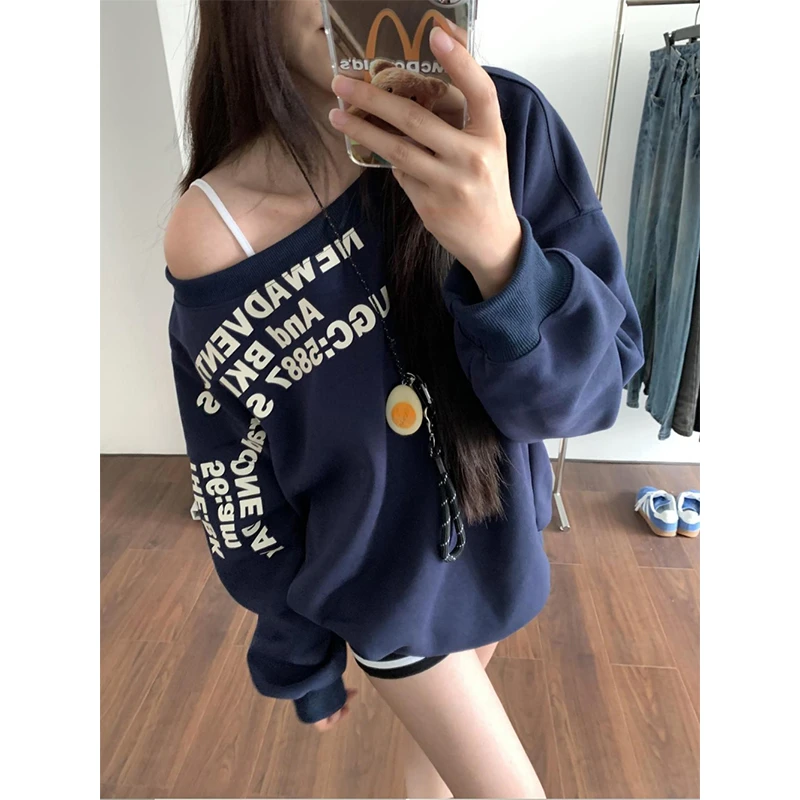 【70-160斤】美式斜肩慵懒风卫衣女春秋宽松字母设计感上衣外套ins