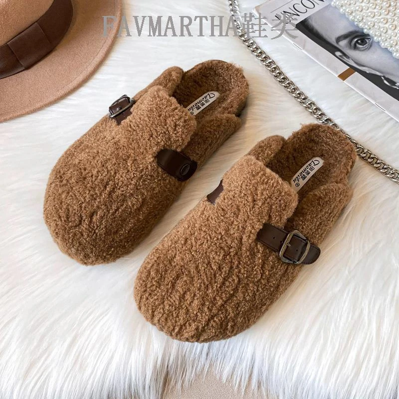 FAVMARTHA包头勃肯毛毛拖鞋女秋冬外穿厚底加绒半拖博肯鞋大码棉
