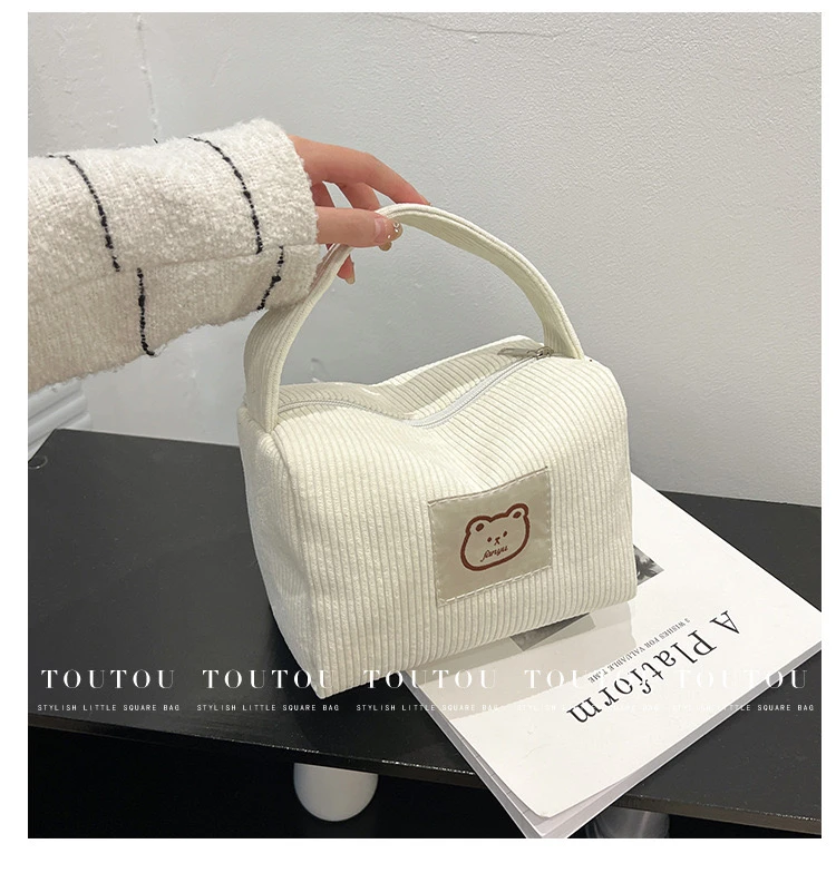 韩版时尚灯芯绒化妆包卡通简约手提小方包女包化妆品收纳包