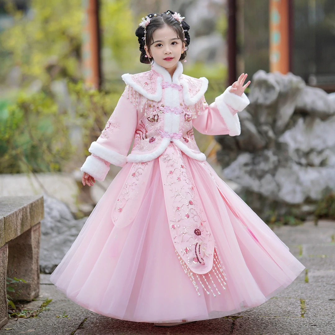 汉服女童冬款古风儿童古装加绒加厚过年龙年唐装新款中国风拜年服