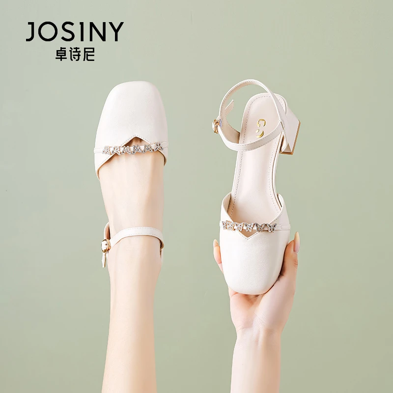 卓诗尼粗跟时装凉鞋女2024新款夏季气质女鞋百搭一字扣带高跟鞋女