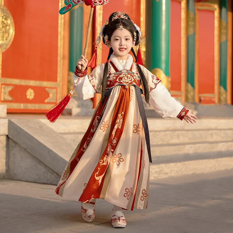 旗铂-飞龙引 名族风汉服古风仙气女童拜年服唐装加绒加厚襦裙亲子