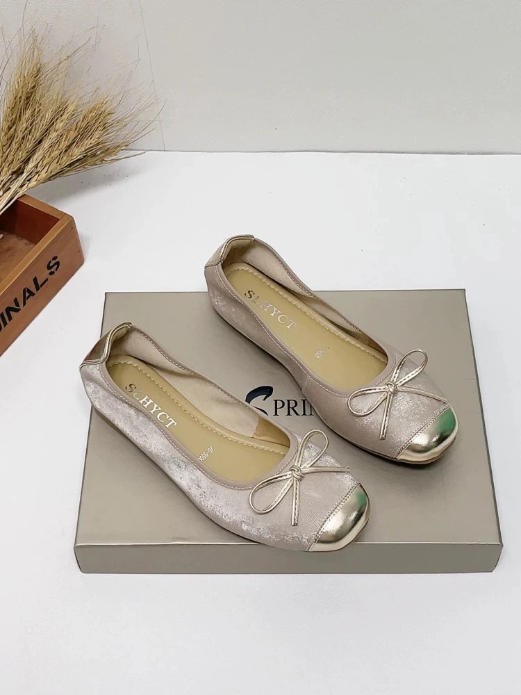 女鞋2024夏季新款蝴蝶结浅口平底单鞋女羊皮一脚蹬豆豆鞋