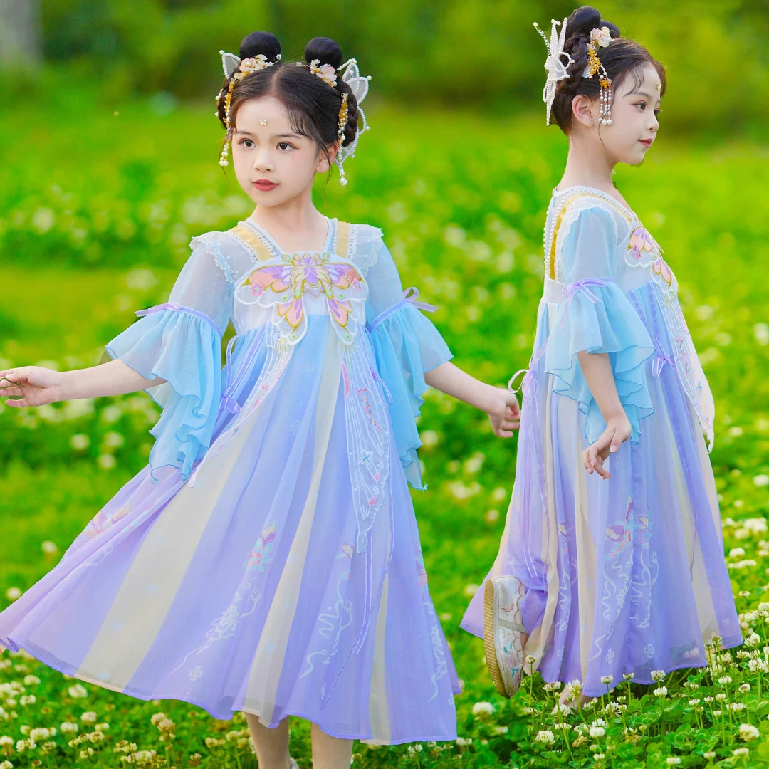 汉服女童夏季薄款短袖2024新款古装中国风连衣裙儿童古风唐装夏款