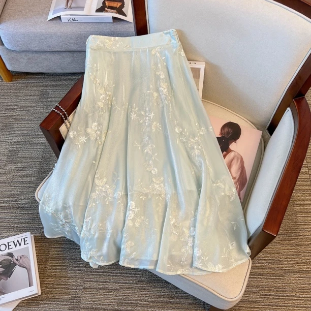 2024新中式国风半身裙女夏季刺绣汉服半身裙先手高腰半身裙