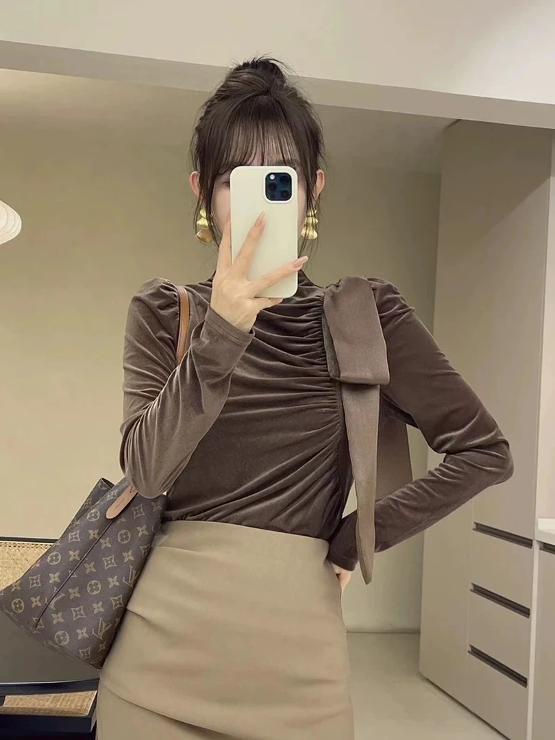 法式蝴蝶结泡泡袖丝绒衬衫女2024秋冬韩版优雅气质半高领褶皱小衫